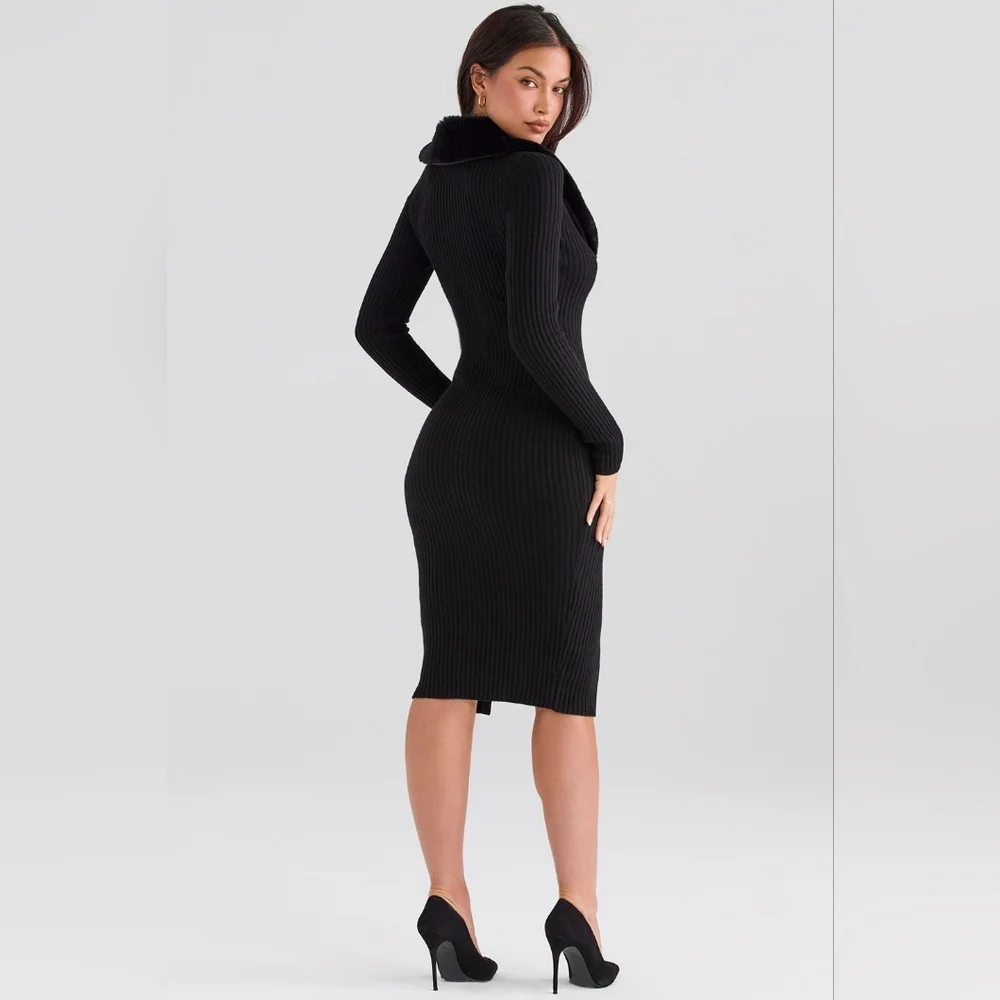 NWT House of CB Raine Black‎ Faux Fur Button Down Sweater Midi Dress M - Picture 5 of 8